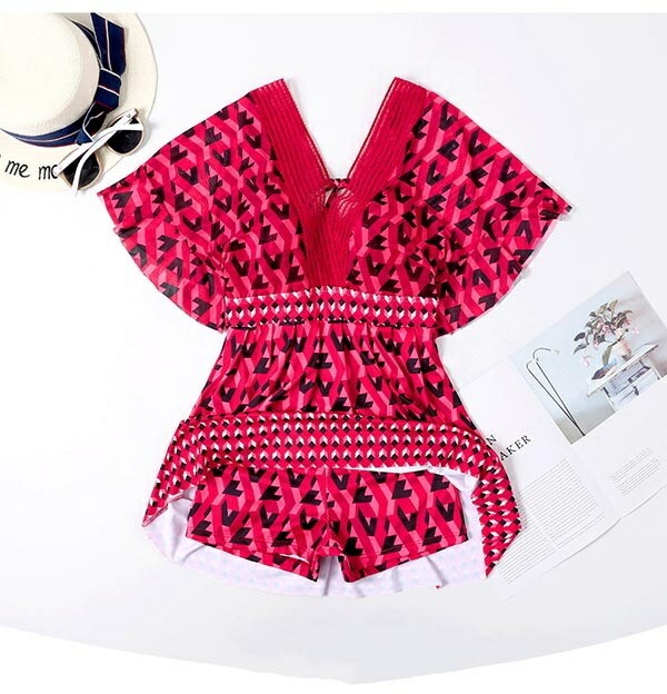 ワンピース レディース パッド付 Vネック 袖あり 大きいサイズ ハイウエスト 大きいサイズ 水着 体型カバー 温泉 海 ビーチ リゾート プール かわいい ママ水着 20代 30代 40代 韓国フ