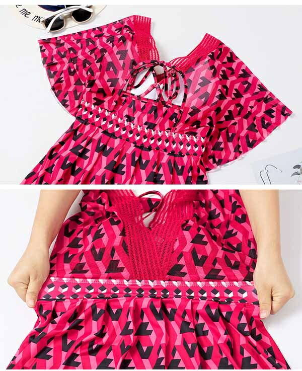 ワンピース レディース パッド付 Vネック 袖あり 大きいサイズ ハイウエスト 大きいサイズ 水着 体型カバー 温泉 海 ビーチ リゾート プール かわいい ママ水着 20代 30代 40代 韓国フ