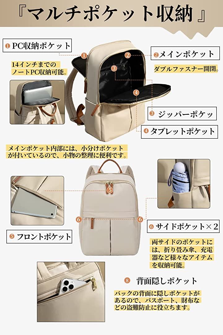 PCリュック レディース ビジネスリュック A4 14インチPC対応 きれいめ( ベージュ)