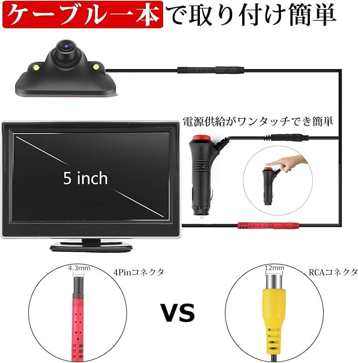 5インチLCDモニター サイドカメラセット サイド死角確認 明暗センサー 暗視機能付き ケーブル一本配線 シガーソケット給電 12V(ブラック)