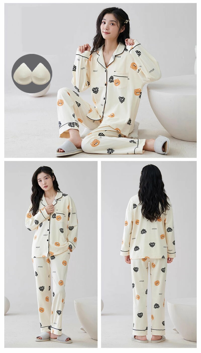 綿100% ルームウェア レディース パジャマ パッド付き 取り外し可能 前開き 長袖 長ズボン 春 綿100% ルームウェア レディース パジャマ パッド付き 取り外し可能 前開き 長袖 長ズボン 春