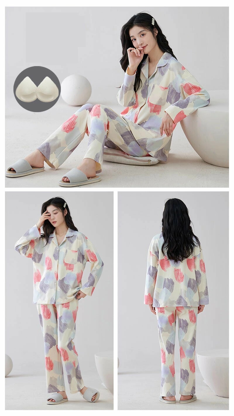 綿100% ルームウェア レディース パジャマ パッド付き 取り外し可能 前開き 長袖 長ズボン 春 綿100% ルームウェア レディース パジャマ パッド付き 取り外し可能 前開き 長袖 長ズボン 春