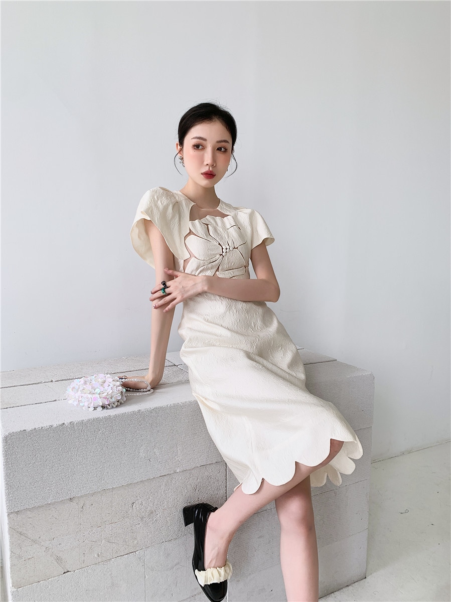 フラワー 半袖ワンピース ドレス ワンピース ジャカードスカート お呼ばれコーデ 二次会 結婚式. レディース 綺麗 D5