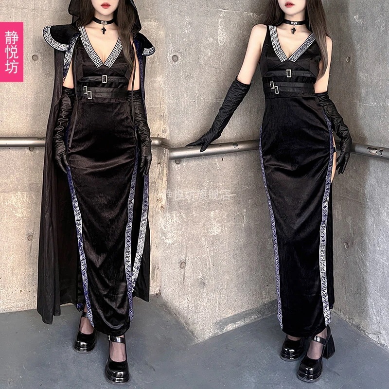 ハロウィーン衣装セクシーな魔女は暗黒ギャルを装って長いローブ夜店コスプレ衣装を修理します ハロウィーン衣装セクシーな魔女は暗黒ギャルを装って長いローブ夜店コスプレ衣装を修理します