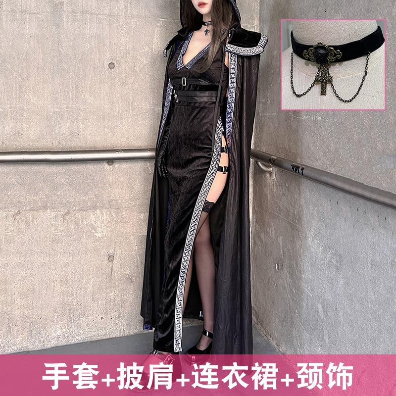 ハロウィーン衣装セクシーな魔女は暗黒ギャルを装って長いローブ夜店コスプレ衣装を修理します ハロウィーン衣装セクシーな魔女は暗黒ギャルを装って長いローブ夜店コスプレ衣装を修理します