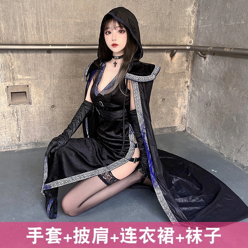 ハロウィーン衣装セクシーな魔女は暗黒ギャルを装って長いローブ夜店コスプレ衣装を修理します ハロウィーン衣装セクシーな魔女は暗黒ギャルを装って長いローブ夜店コスプレ衣装を修理します