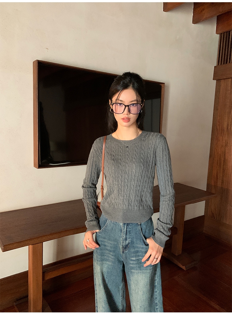 セーター トップス クルーネック ニット ケーブル編み プルオーバー 長袖 大人可愛い シンプル 上品 お洒落 こなれ感 無地 デイリー 普段使い