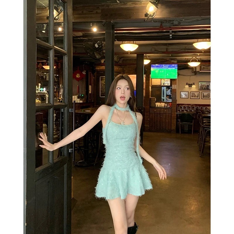 hhbabe ミントグリーン ホルターネックサスペンダーワンピース 夏フレンチ甘辛着痩せ着痩せaラインショートスカート hhbabe ミントグリーン ホルターネックサスペンダーワンピース 夏フレンチ甘辛着痩せ着痩せaラインショートスカート