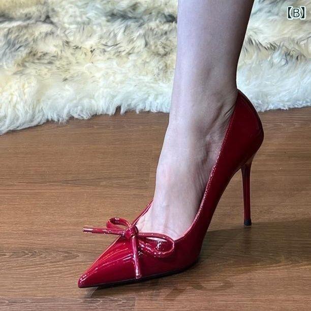 ハイヒール シューズ レディース 2025 春夏の バーガンディ リボン フレンチ ハイヒール レディース 尖った パテントレザーの 魅惑的 プロ 通勤 靴 ハイヒール シューズ レディース 2025 春夏の バーガンディ リボン フレンチ ハイヒール レディース 尖った パテントレザーの 魅惑的 プロ 通勤 靴