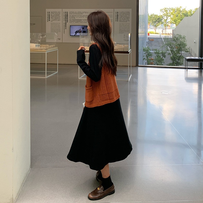 フレンチニットウエストコートワンピースセット2024新時代の気質スモールロングワンピース2点セット