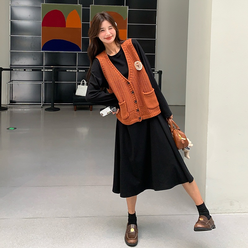 フレンチニットウエストコートワンピースセット2024新時代の気質スモールロングワンピース2点セット