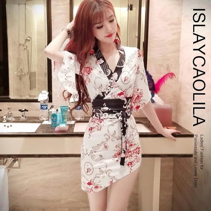 はっぴ 風 ワンピース 花柄 タイト ミ二 クラブドレス 法被 Vネック 五分袖 ラップ リボン 帯 アシンメトリー レディース E99( ホワイト, L) はっぴ 風 ワンピース 花柄 タイト ミ二 クラブドレス 法被 Vネック 五分袖 ラップ リボン 帯 アシンメトリー レディース E99( ホワイト, L)