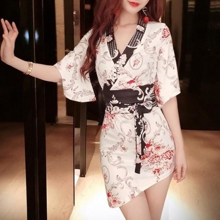 はっぴ 風 ワンピース 花柄 タイト ミ二 クラブドレス 法被 Vネック 五分袖 ラップ リボン 帯 アシンメトリー レディース E99( ホワイト, L) はっぴ 風 ワンピース 花柄 タイト ミ二 クラブドレス 法被 Vネック 五分袖 ラップ リボン 帯 アシンメトリー レディース E99( ホワイト, L)