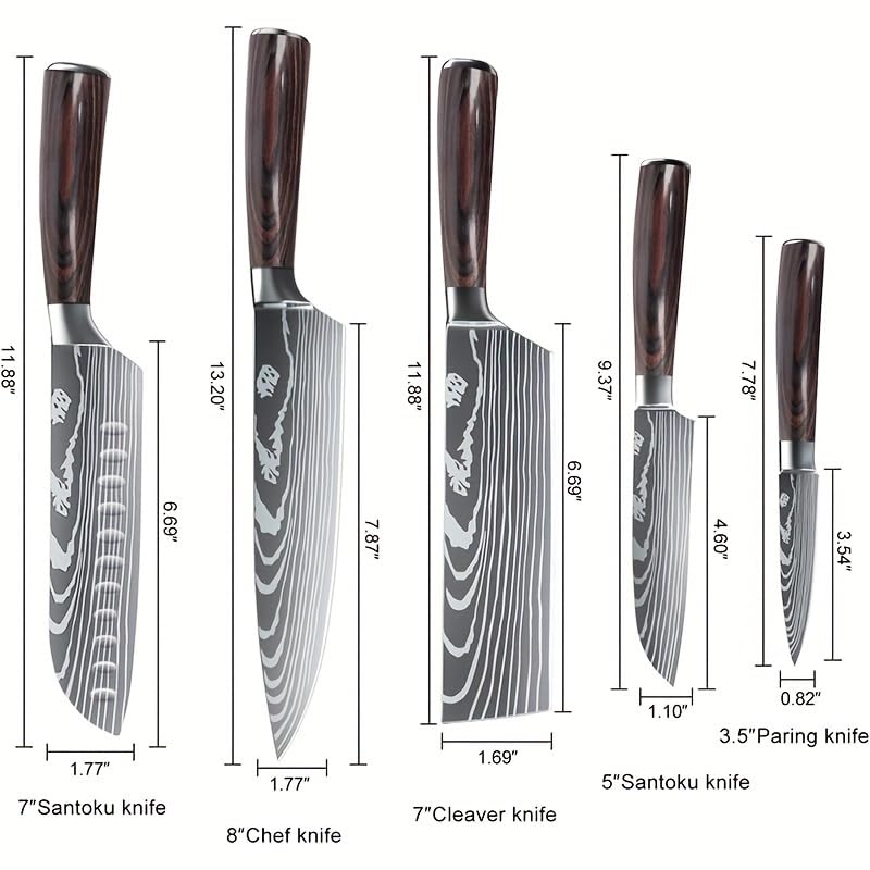 プロフェッショナル キッチンナイフ5点セット, ダマスカス模様高炭素ステンレス鋼, 牛刀20.3cm/三徳包丁18cm/ペティナイフ12.7cm, パッカウッドハンドル, ギフトボックス付き プロフェッショナル キッチンナイフ5点セット, ダマスカス模様高炭素ステンレス鋼, 牛刀20.3cm/三徳包丁18cm/ペティナイフ12.7cm, パッカウッドハンドル, ギフトボックス付き