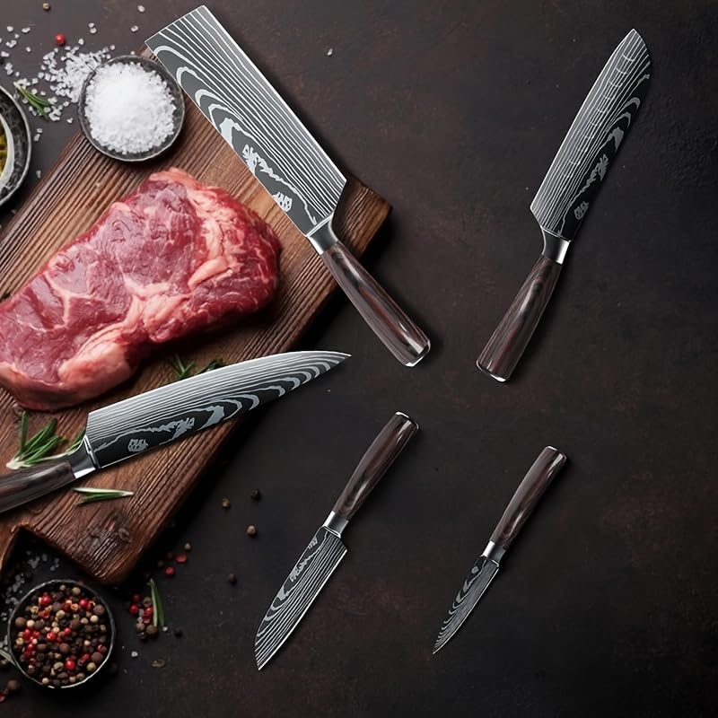 プロフェッショナル キッチンナイフ5点セット, ダマスカス模様高炭素ステンレス鋼, 牛刀20.3cm/三徳包丁18cm/ペティナイフ12.7cm, パッカウッドハンドル, ギフトボックス付き プロフェッショナル キッチンナイフ5点セット, ダマスカス模様高炭素ステンレス鋼, 牛刀20.3cm/三徳包丁18cm/ペティナイフ12.7cm, パッカウッドハンドル, ギフトボックス付き