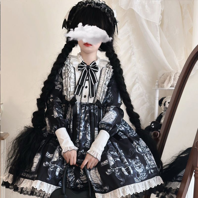 ワンピースドレスドレスゴシック調ダーク長袖opドレス アンティーク猫ロリータドレス