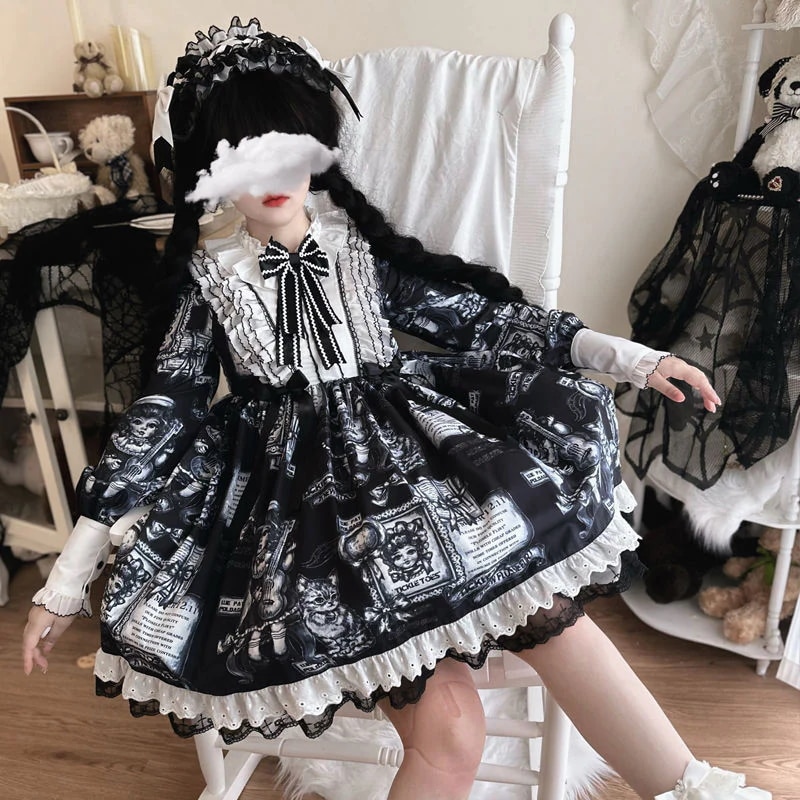 ワンピースドレスドレスゴシック調ダーク長袖opドレス アンティーク猫ロリータドレス