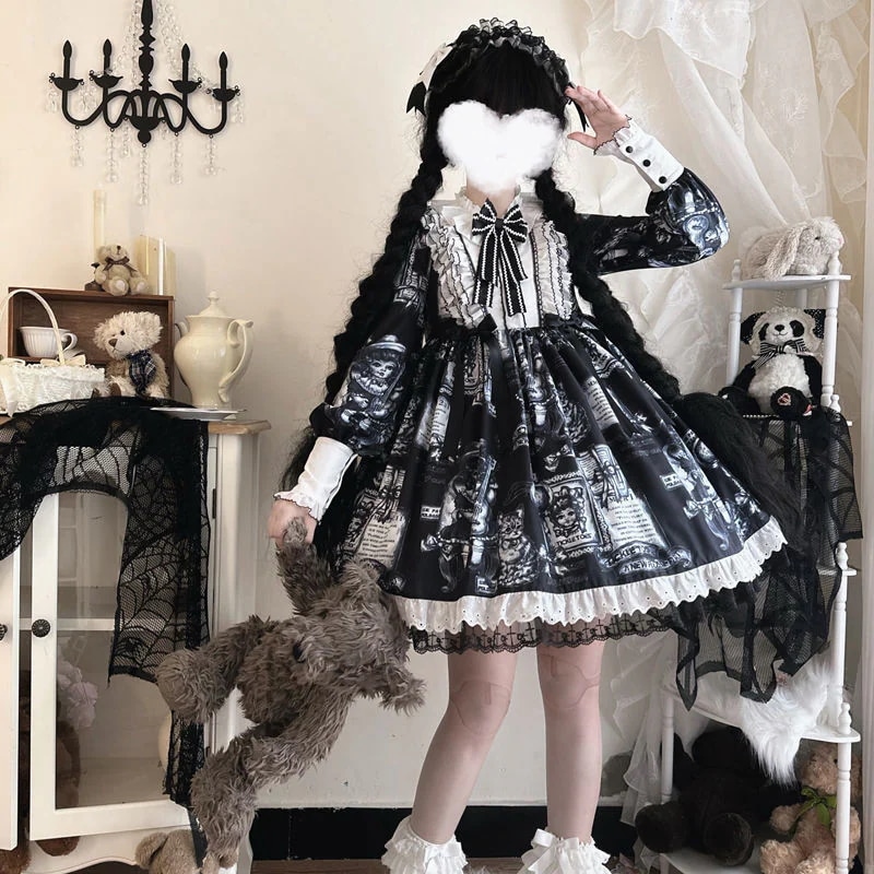 ワンピースドレスドレスゴシック調ダーク長袖opドレス アンティーク猫ロリータドレス