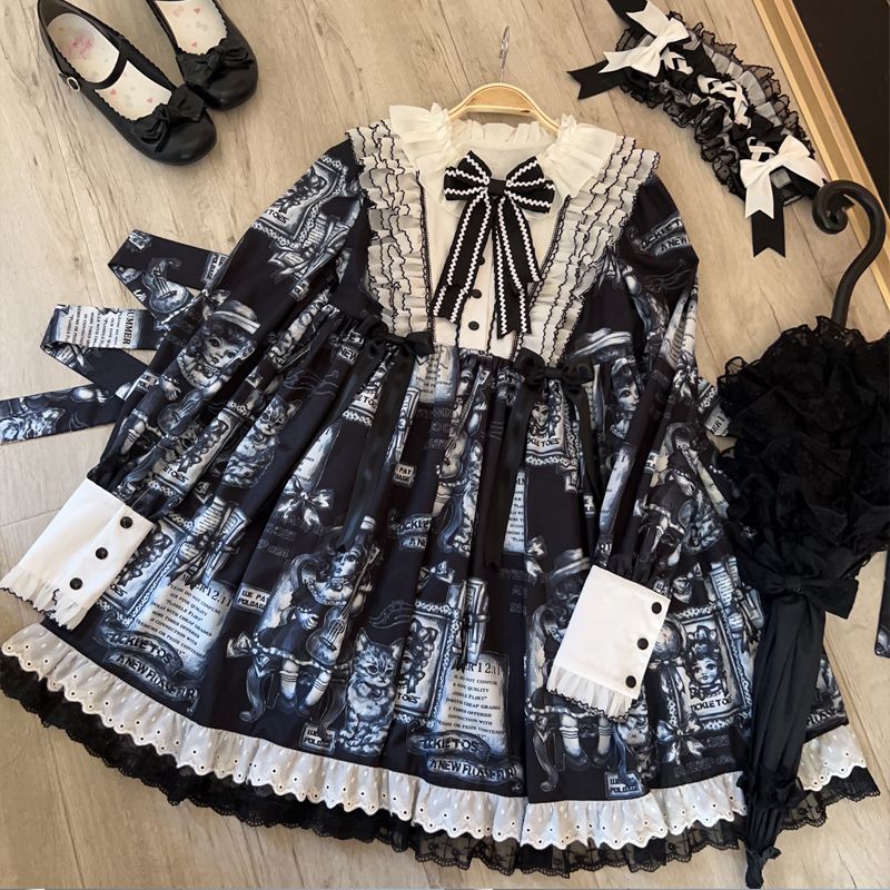 ワンピースドレスドレスゴシック調ダーク長袖opドレス アンティーク猫ロリータドレス