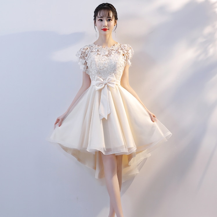 フィッシュテールドレス ドレス ワンピース パーティードレス パーティドレス ミニドレス ミニ ミニ丈 袖あり 半袖 ラウンドネック Aライン レース リボン ウエストマーク ウエストリボン