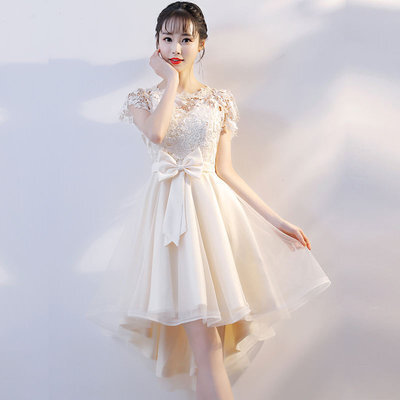 フィッシュテールドレス ドレス ワンピース パーティードレス パーティドレス ミニドレス ミニ ミニ丈 袖あり 半袖 ラウンドネック Aライン レース リボン ウエストマーク ウエストリボン