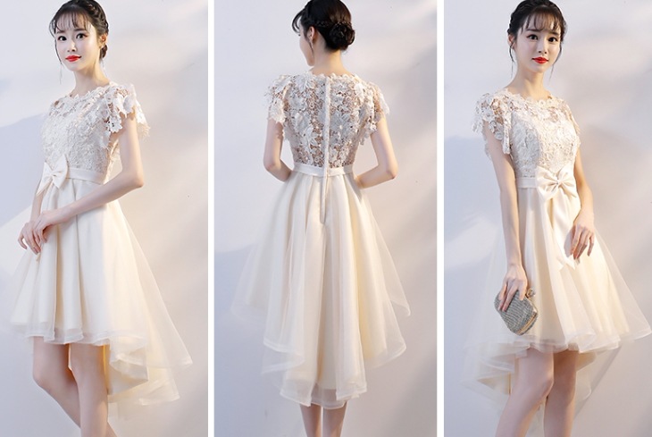 フィッシュテールドレス ドレス ワンピース パーティードレス パーティドレス ミニドレス ミニ ミニ丈 袖あり 半袖 ラウンドネック Aライン レース リボン ウエストマーク ウエストリボン