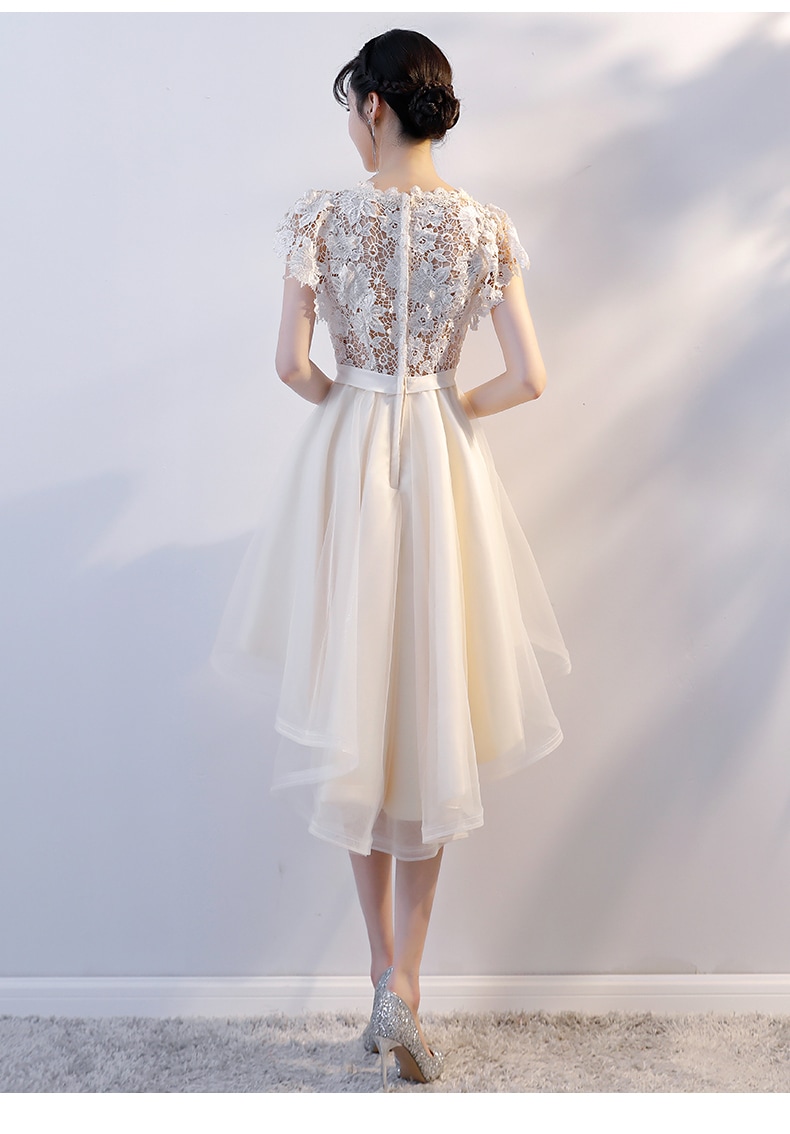 フィッシュテールドレス ドレス ワンピース パーティードレス パーティドレス ミニドレス ミニ ミニ丈 袖あり 半袖 ラウンドネック Aライン レース リボン ウエストマーク ウエストリボン