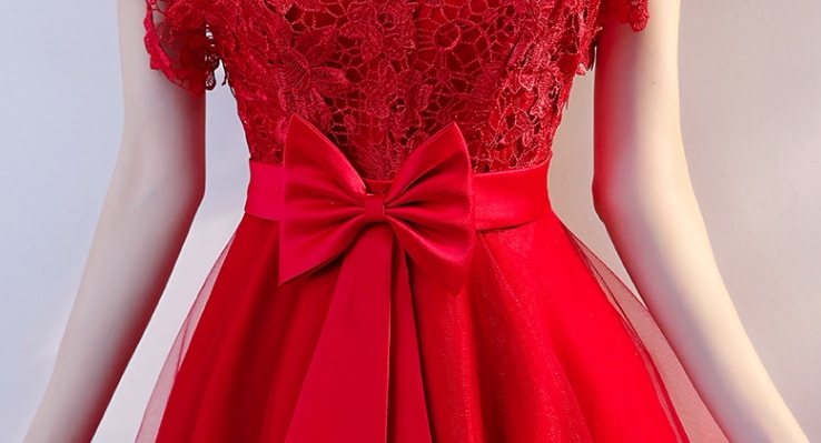 フィッシュテールドレス ドレス ワンピース パーティードレス パーティドレス ミニドレス ミニ ミニ丈 袖あり 半袖 ラウンドネック Aライン レース リボン ウエストマーク ウエストリボン