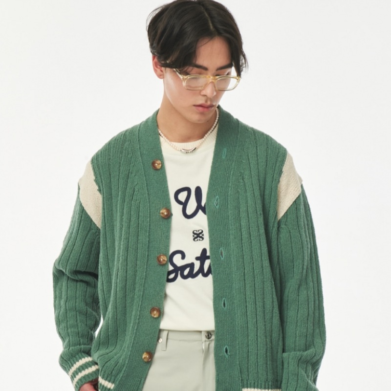 SATUR ファロバーシティオーバーサイズブークルカーディガンセージグリーン