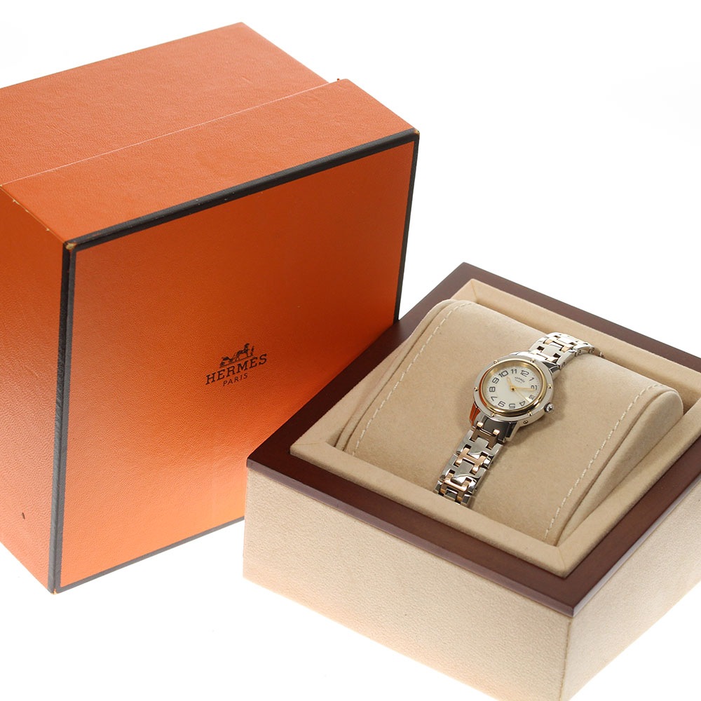 箱付き 良品【HERMES】エルメス クリッパー デイト CP1.221 クォーツ レディース【中古】