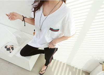 【】Vネック オーバーサイズ ワンポイント ライン Tシャツ 【】Vネック オーバーサイズ ワンポイント ライン Tシャツ