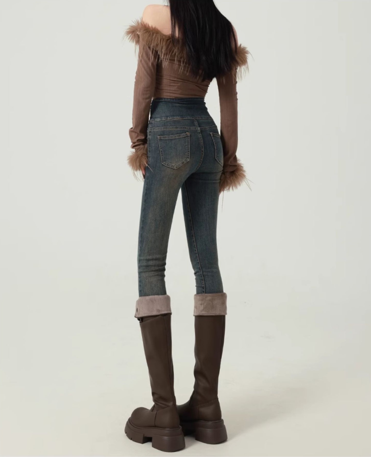 秋冬春新作 ハイウエストジーンズ レディースファション スリム 薄手ベルベット入り選択可能 無地 コーディネート