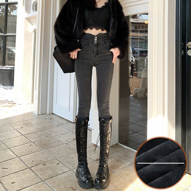 秋冬春新作 ハイウエストジーンズ レディースファション スリム 薄手ベルベット入り選択可能 無地 コーディネート