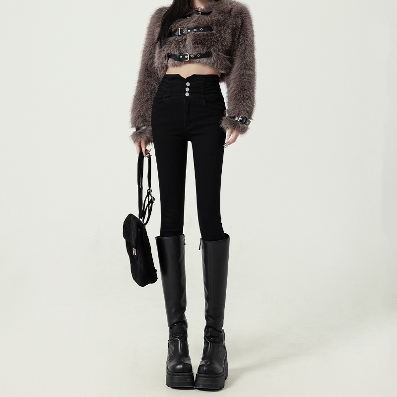 秋冬春新作 ハイウエストジーンズ レディースファション スリム 薄手ベルベット入り選択可能 無地 コーディネート