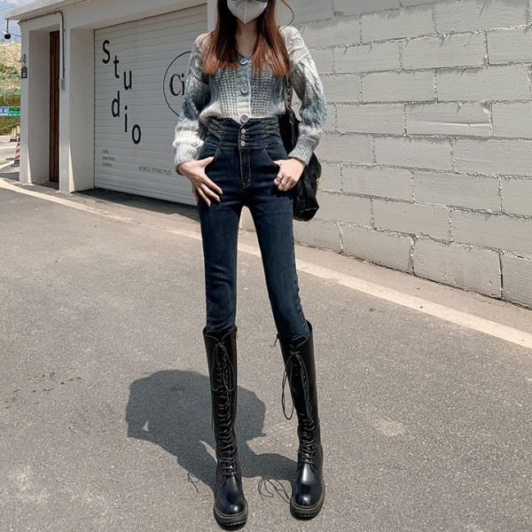 秋冬春新作 ハイウエストジーンズ レディースファション スリム 薄手ベルベット入り選択可能 無地 コーディネート