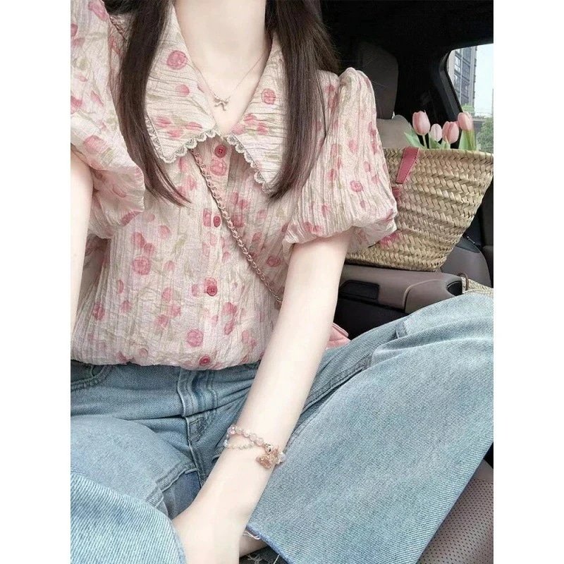 ブラウス 花柄 シャツ レース 半袖 ボリューム袖 リネン風 前開き 折り襟 襟付き フラワー プリント 紋様感 大きいサイズ 大人可愛い 上品 清楚 レディース トップス オフィス カジュアル レト