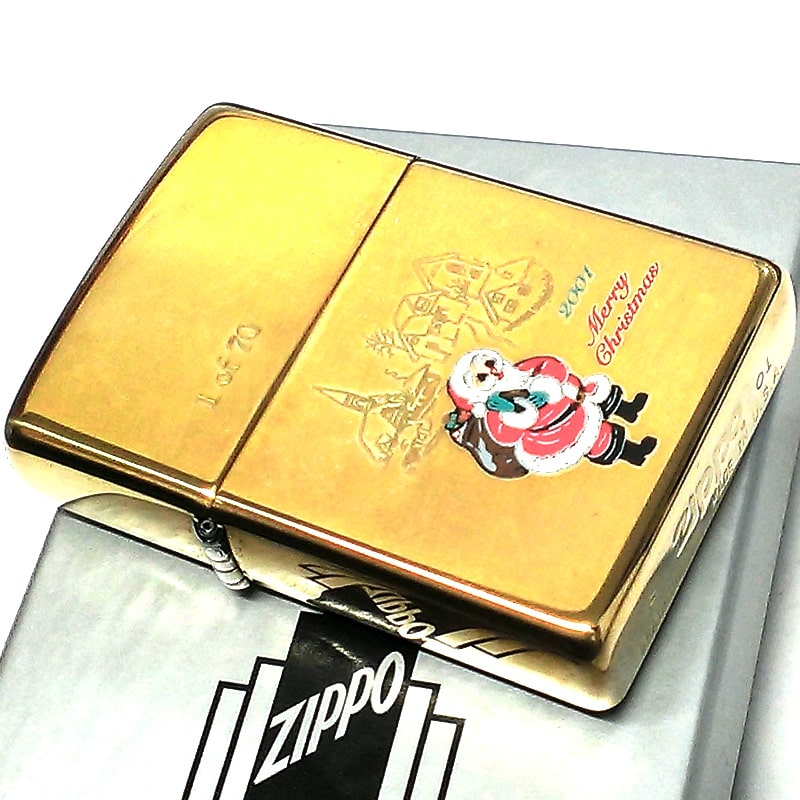 ZIPPO ライター 限定70個生産 レア クリスマス 2001年製 サンタクロース 絶版 ジッポ Xmas 珍しい ゴールド 一点物 おしゃれ 真鍮古美 ヴィンテージ 金タンク ビンテージ 未使用品