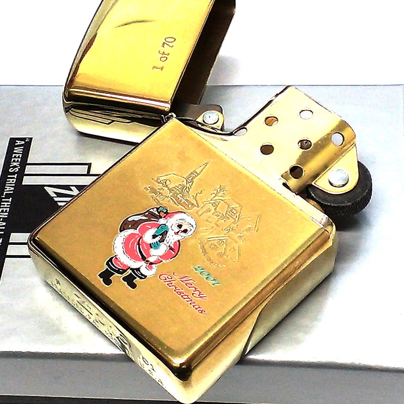 ZIPPO ライター 限定70個生産 レア クリスマス 2001年製 サンタクロース 絶版 ジッポ Xmas 珍しい ゴールド 一点物 おしゃれ 真鍮古美 ヴィンテージ 金タンク ビンテージ 未使用品