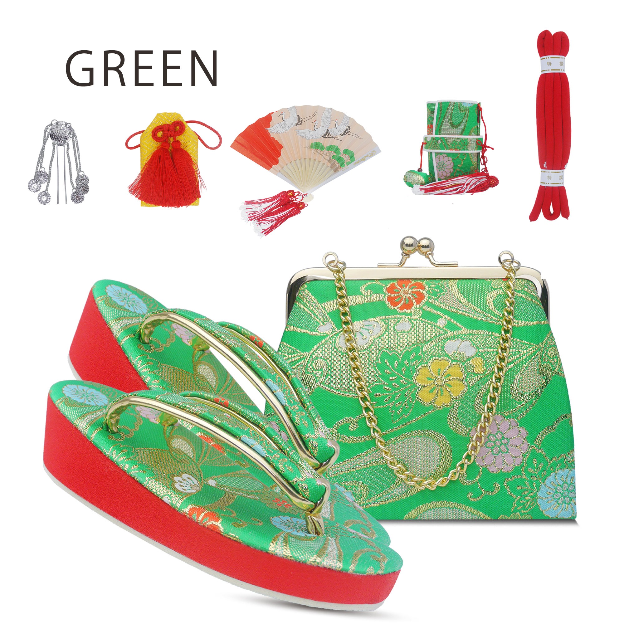 七五三 7歳 結び帯 四つ身用 高 級 作り帯 筥迫セット 8点セット 選べる6色 四ツ身 バッグ 草履 扇子 びら簪 帯〆 帯揚げ お守り ペアセット