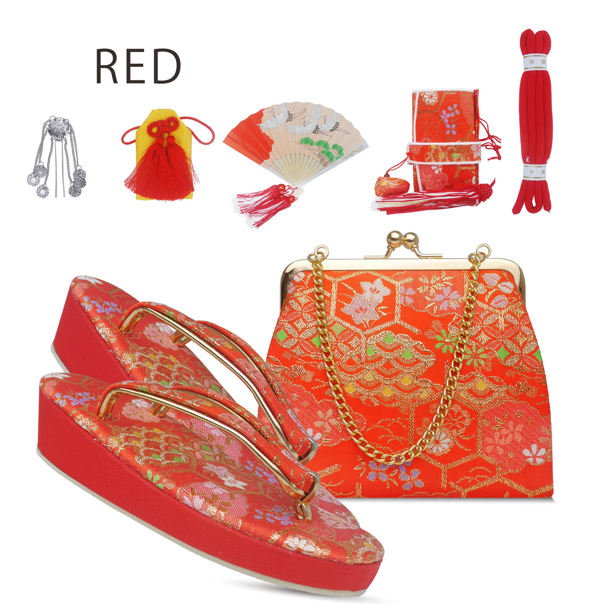 七五三 7歳 結び帯 四つ身用 高 級 作り帯 筥迫セット 8点セット 選べる6色 四ツ身 バッグ 草履 扇子 びら簪 帯〆 帯揚げ お守り ペアセット