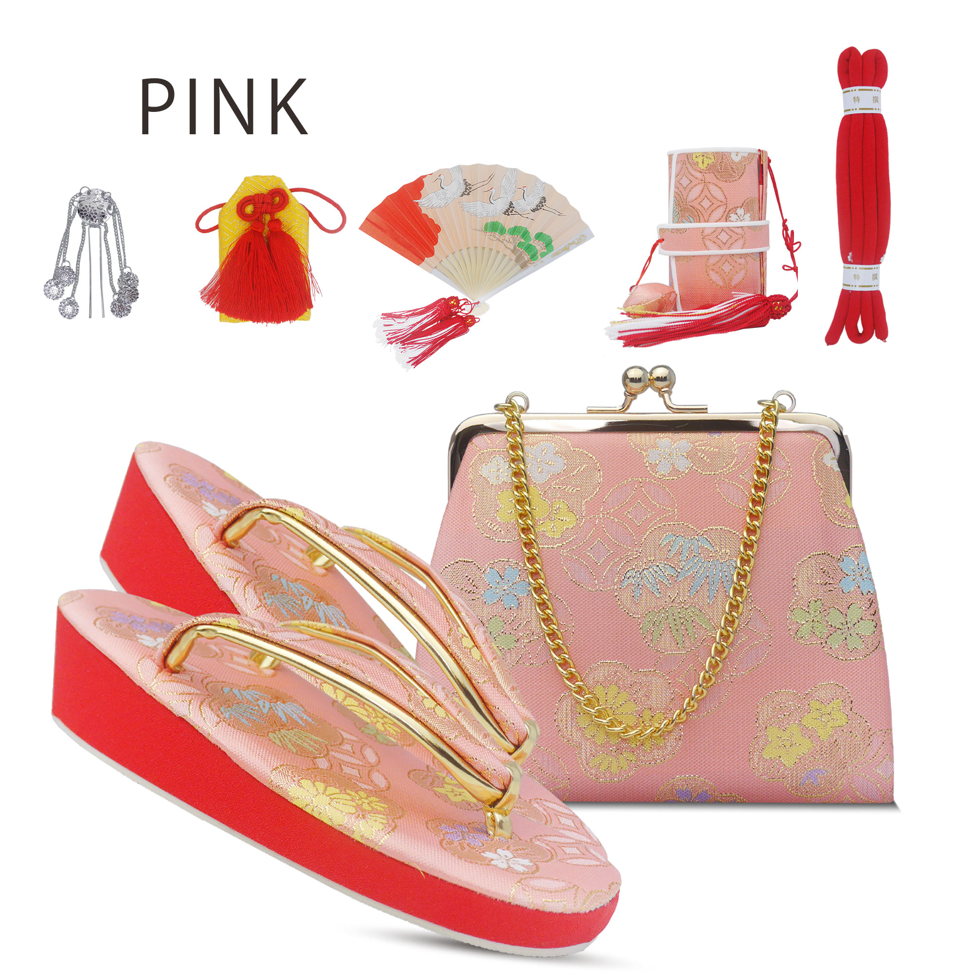 七五三 7歳 結び帯 四つ身用 高 級 作り帯 筥迫セット 8点セット 選べる6色 四ツ身 バッグ 草履 扇子 びら簪 帯〆 帯揚げ お守り ペアセット