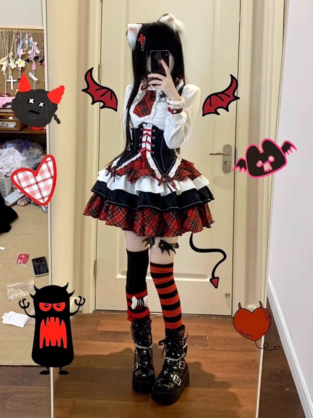 工ガ割-ロリータ黒と赤のコントラストサスペンダーベルトウエストシャツパフスカートロリータプリンセススカートロールプレイング 工ガ割-ロリータ黒と赤のコントラストサスペンダーベルトウエストシャツパフスカートロリータプリンセススカートロールプレイング