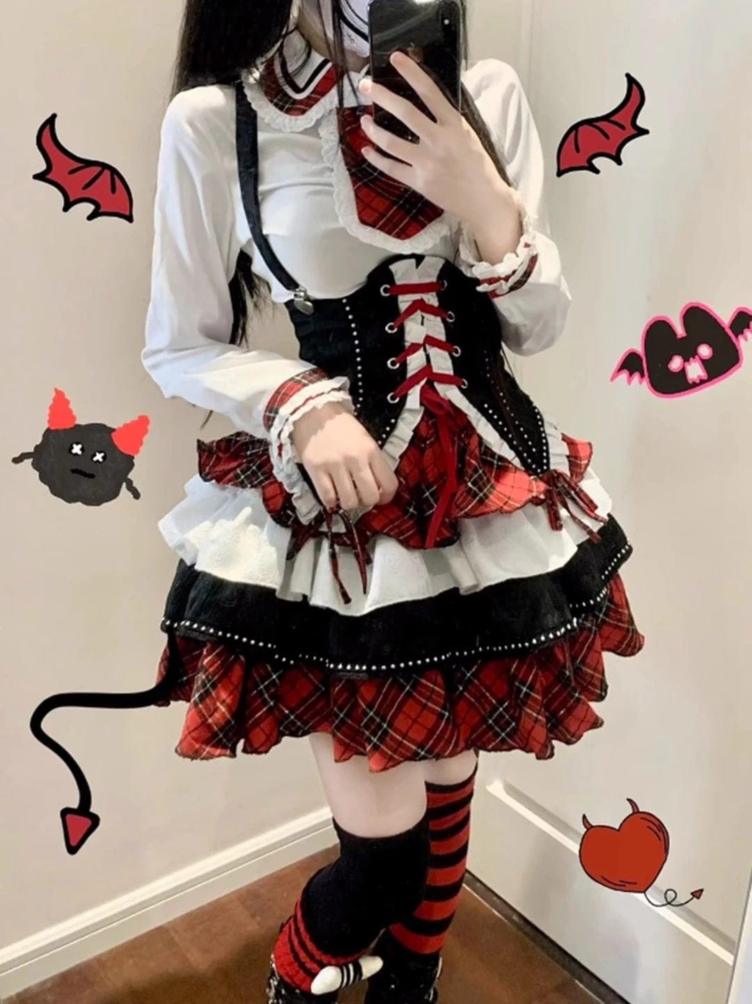 工ガ割-ロリータ黒と赤のコントラストサスペンダーベルトウエストシャツパフスカートロリータプリンセススカートロールプレイング 工ガ割-ロリータ黒と赤のコントラストサスペンダーベルトウエストシャツパフスカートロリータプリンセススカートロールプレイング