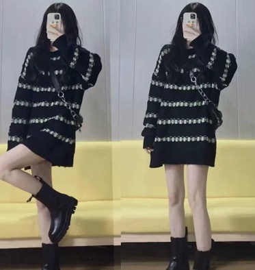 トップス セーター ミドル丈 長袖 レギュラー袖 ラウンドネック レディース 個性的 ストレート 刺繍 柔らかい アクリル ポリアクリロニトリル お洒落 ラフ ルーズ クール 抜け感 甘い 10代