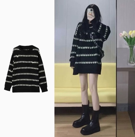 トップス セーター ミドル丈 長袖 レギュラー袖 ラウンドネック レディース 個性的 ストレート 刺繍 柔らかい アクリル ポリアクリロニトリル お洒落 ラフ ルーズ クール 抜け感 甘い 10代