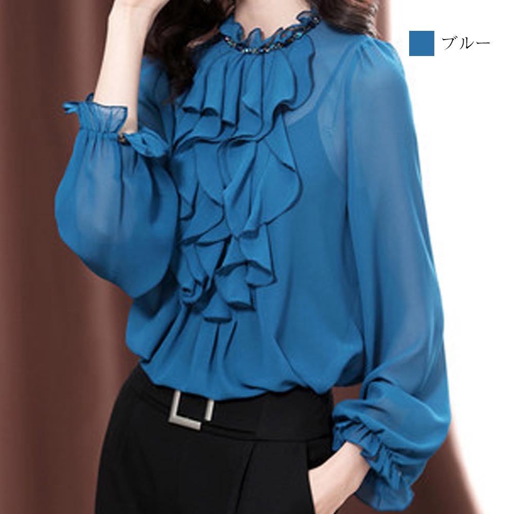 ブラウス レディース フリルシアーブラウス 事務服 フリル 高品質 Tシャツ 春 スーツ ボウタイ ワンピース 人気 ノーアイロン 秋 きれいめ 白 オフィス 50代 冬 安い ブランド 長袖 シャツ