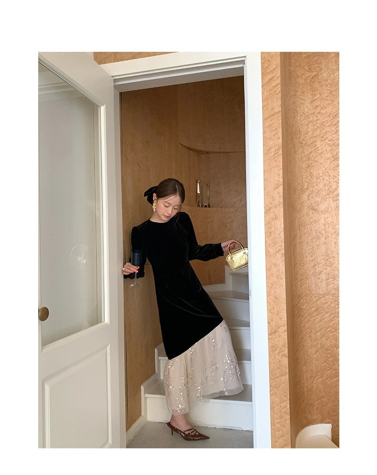 韓国ファッションイブニングドレス ベロアドレス 秋冬 異素材 切り替え ベロア素材 スパンコール チュール ベルベット 切り替えワンピース ロングドレス ドッキングワンピース キラキラ 長袖 パーティ 韓国ファッションイブニングドレス ベロアドレス 秋冬 異素材 切り替え ベロア素材 スパンコール チュール ベルベット 切り替えワンピース ロングドレス ドッキングワンピース キラキラ 長袖 パーティ