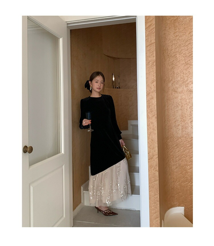 韓国ファッションイブニングドレス ベロアドレス 秋冬 異素材 切り替え ベロア素材 スパンコール チュール ベルベット 切り替えワンピース ロングドレス ドッキングワンピース キラキラ 長袖 パーティ 韓国ファッションイブニングドレス ベロアドレス 秋冬 異素材 切り替え ベロア素材 スパンコール チュール ベルベット 切り替えワンピース ロングドレス ドッキングワンピース キラキラ 長袖 パーティ