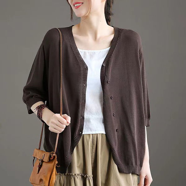 ダークブラウン 五分袖 カーディガン Qoo10] ニットカーディガン レディース 春夏 ト