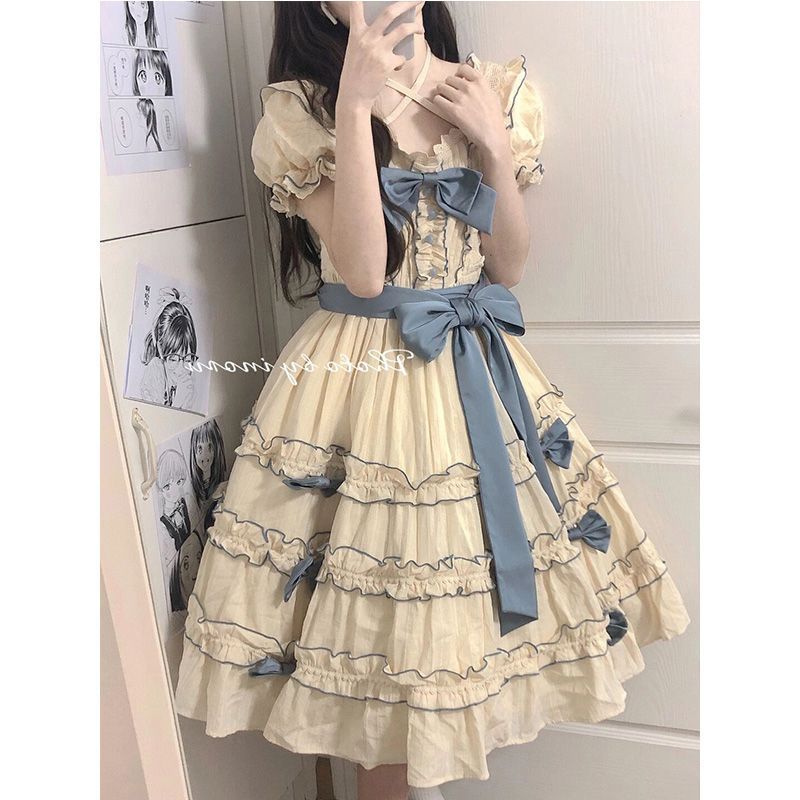 フレンチ式ロリータ王女スカートlolita洋気泡袖つなぎレース結び蝶ネクタイ腰ワンピース